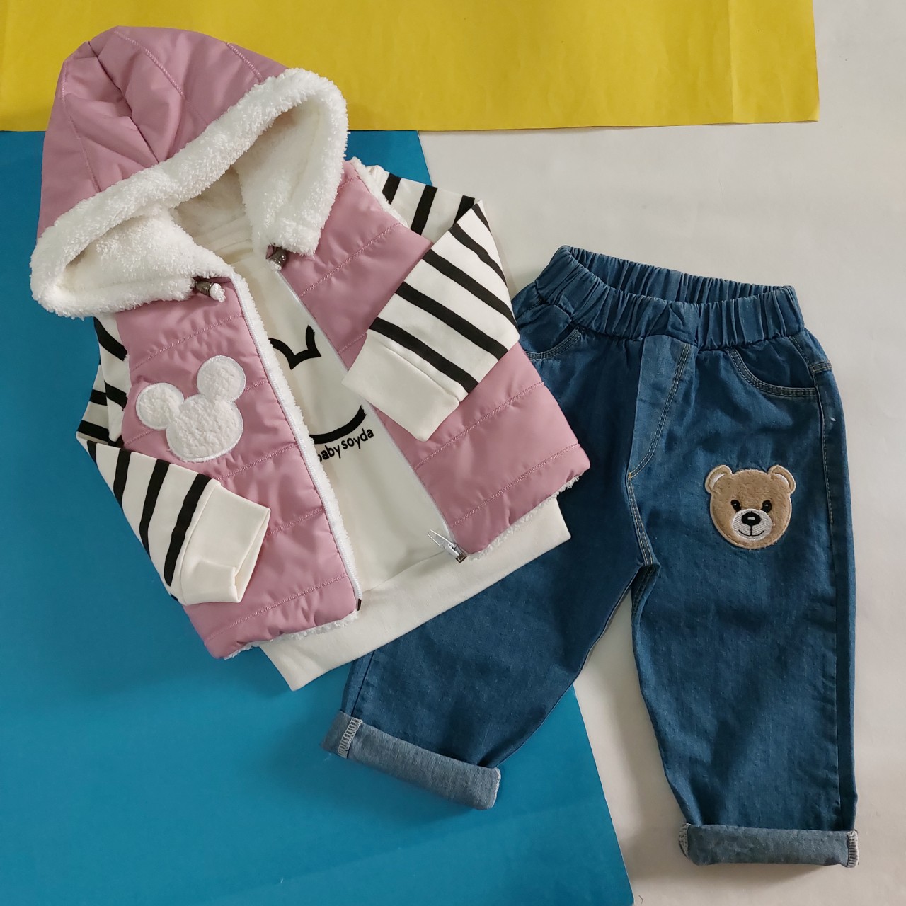 ست ۳ تکه پافر ضدآب داخل پشمی صورتی و بلوز و شلوار جین sevda