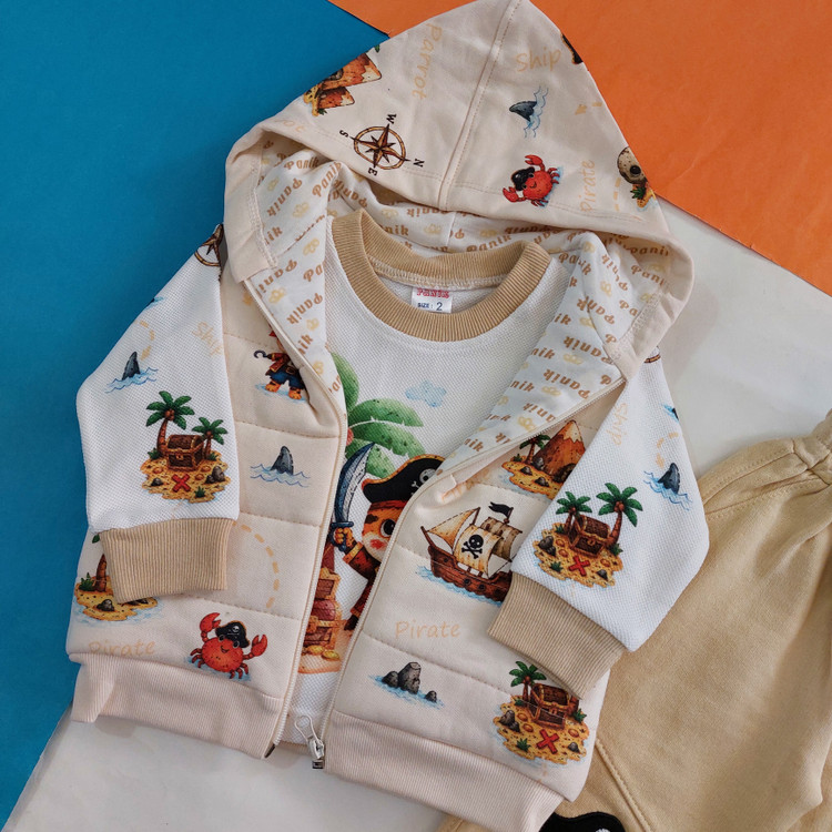 ست ۳ تکه گرم پافر ، شلوار جاگر و بلوز بیسکوئیتی طرح دزد دریایی